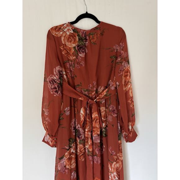 Baltic Born Dress Large Maxi Long Orange Floral Aline Long Sleeve Vneck New - Picture 7 of 13